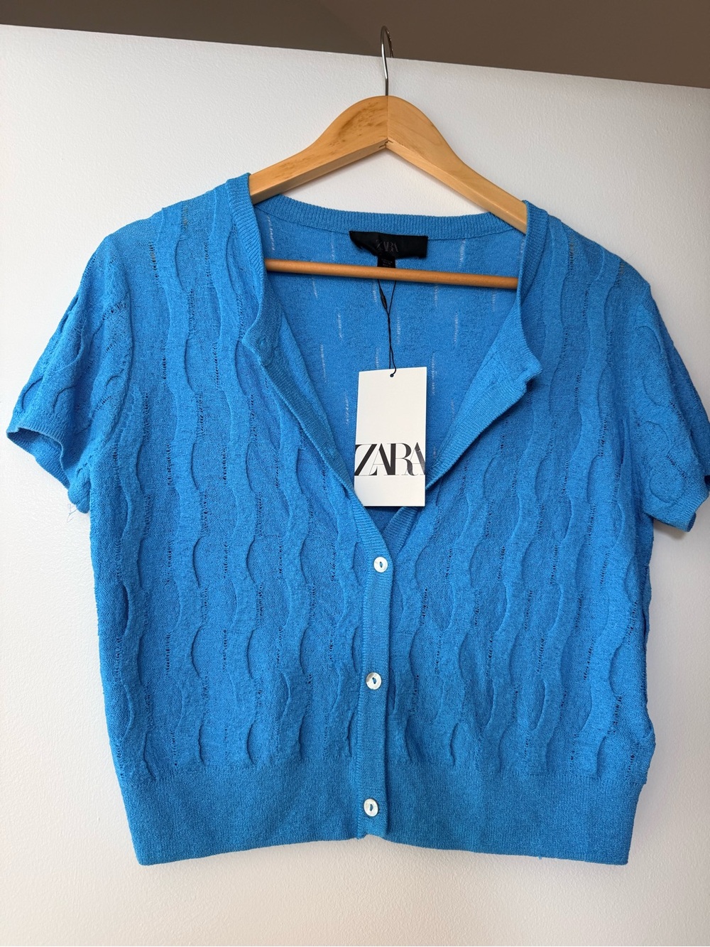 Zara Bright Blue Short-Sleeve Cable Knit Button Cardigan